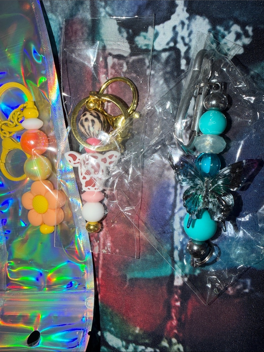 Beaded Butterfly and Daisy Keychain Set - Turquoise, Peach, Pink